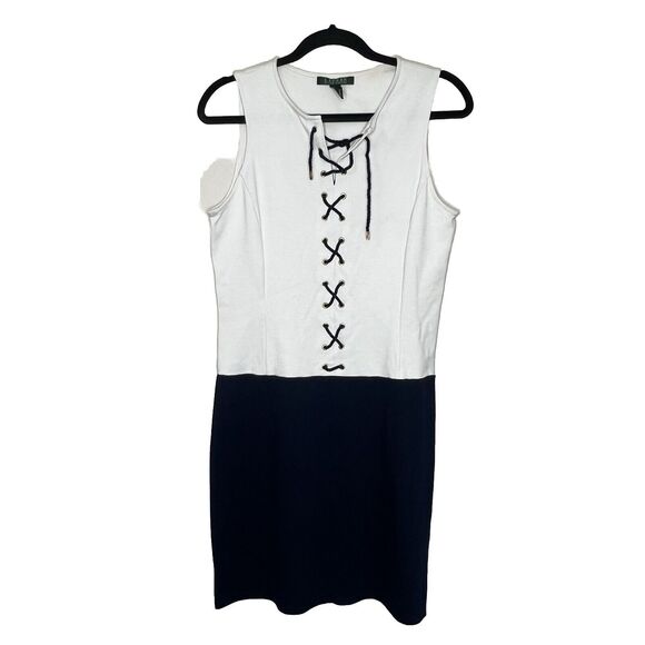Lauren Ralph Lauren Dress Women's Small Blue White Tie Front Sleeveless Preppy - Picture 1 of 7